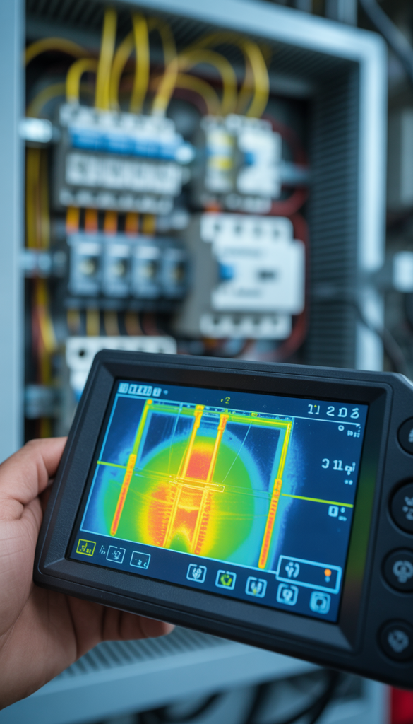 Imagem termográfica de painel elétrico industrial com ponto de aquecimento identificado